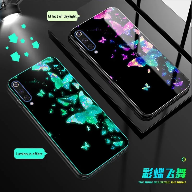 

Butterfly Luminous Glass Case For Xiaomi mi 9T Pro 9se CC9 A1 A2 Note3 back Cover For redmi K20 Pro 7 7A Note 8 7 pro Phone case