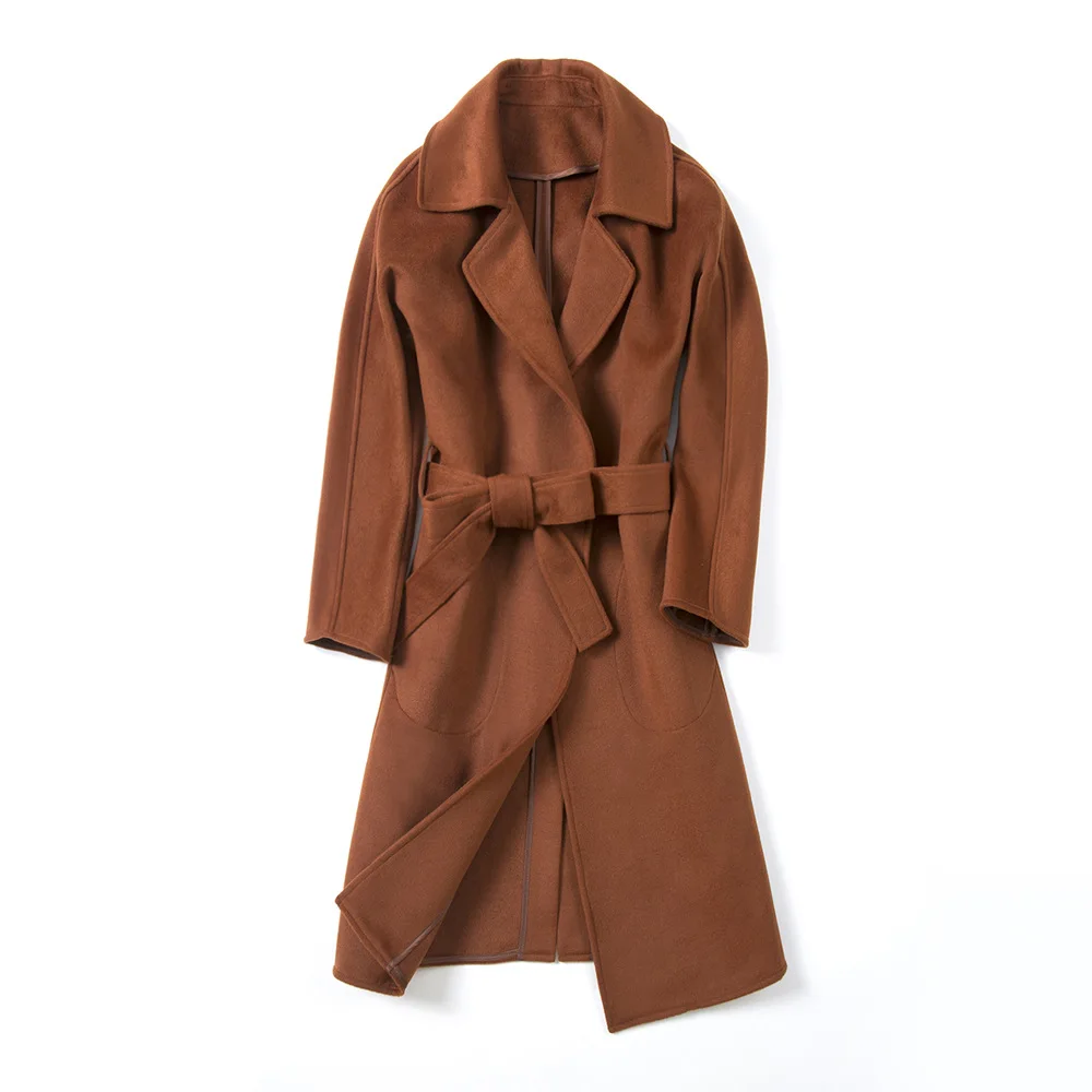 

New 2019 autumn winter wool coat women turn down collar belt slim woolen coats