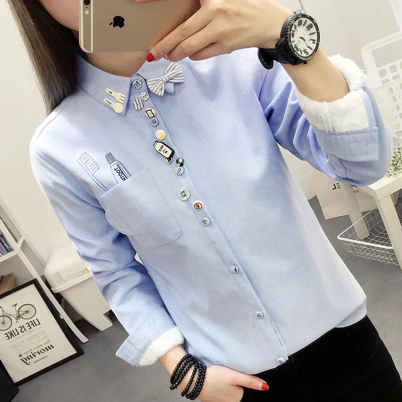 autumn winter women's striped cute embroidery blouse women long-sleeved plus velvet shirt warm slim thicken tops