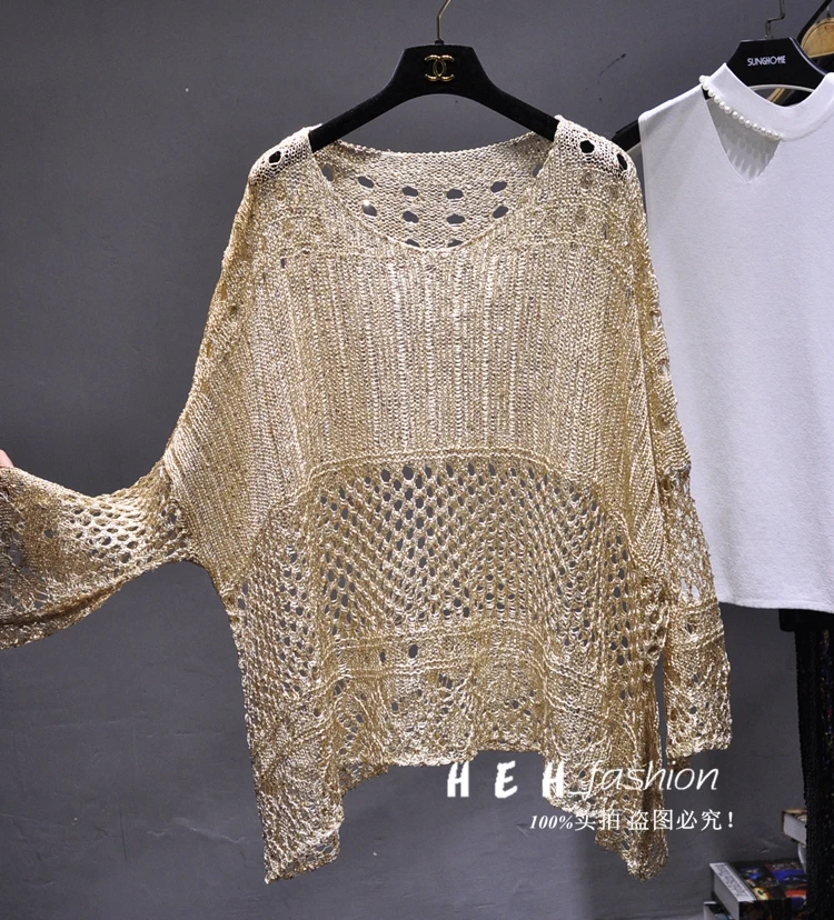 Gold Lurex Summer Blouse Shirt Long Batwing Sleeve O-neck Hollow Out Knit Top Loose Bohemian Design Large Shirts Blusa | Женская одежда