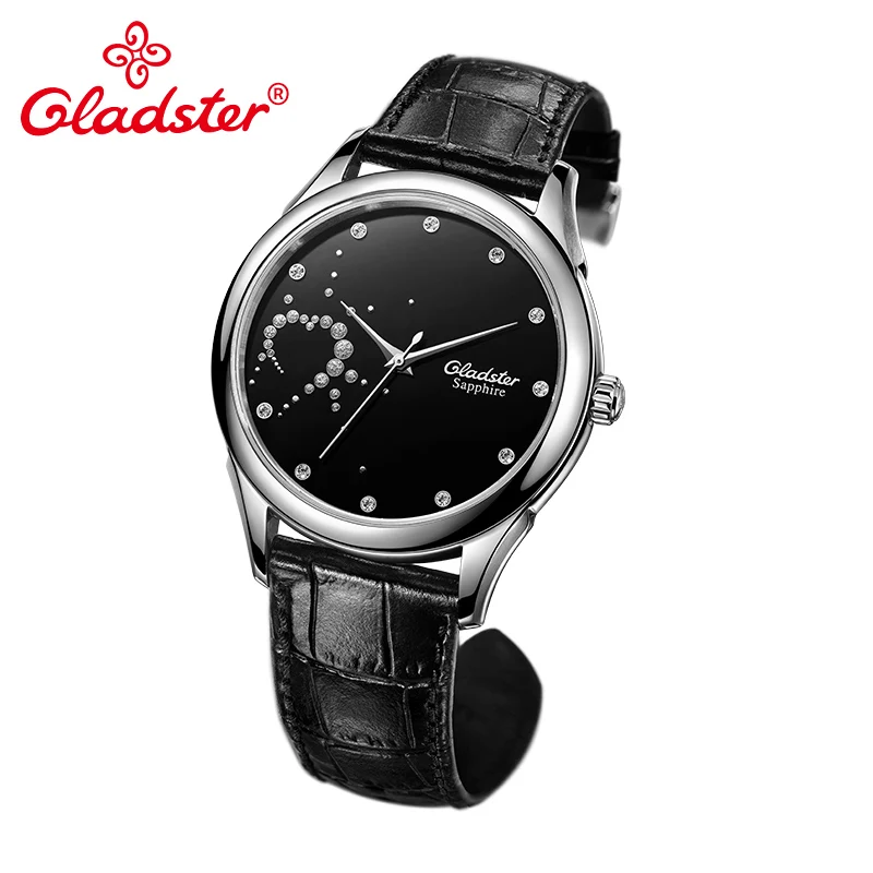 Женские наручные часы Gladster красные черные кожаные кварцевые с сапфировым
