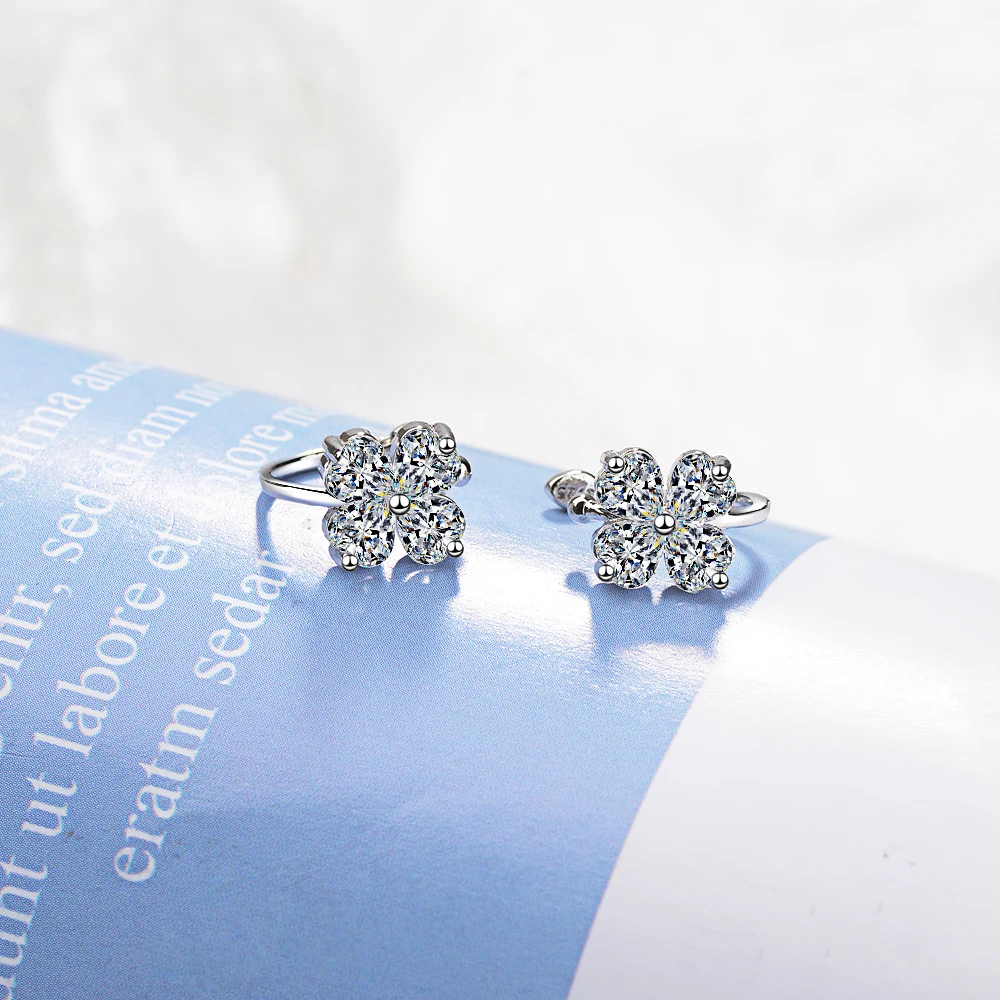 Женские серьги клипсы с цирконием четыре листа клевера из серебра 925 пробы без пирсинга в стиле