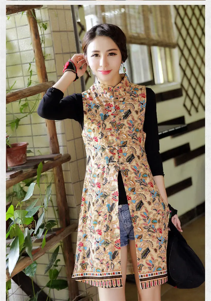 Woman Vest New Arrival Chinese Style Women Sleeveless Jacket Vintage Print Long Slim Ethnic Waistcoat Cotton Linen Tops f1073