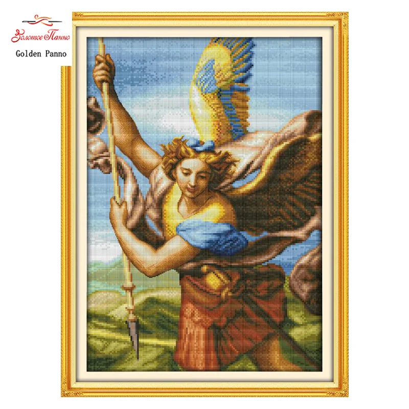 

Золотой панно, 11CT DMC ручной работы крестиком наборы, боевой Ангел вышивка портрета вышивка крестиком, украшение стены 1204
