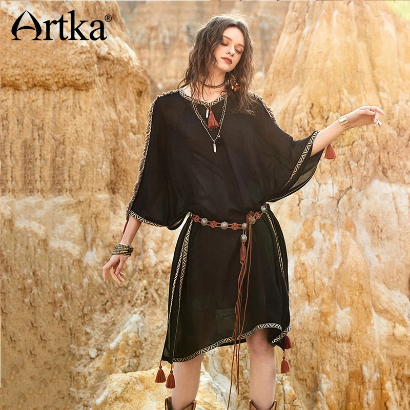 ARTKA 2018 осень Новое Женское винтажное платье с вышивкой три четверти рукав летучая