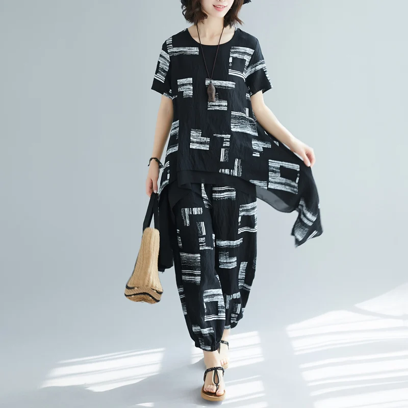 #0820 Black White Long Tees And Harem Pants Cotton Linen Printed Suits Ladies Casual Two Piece Set Trousers Top Asymmetrical |