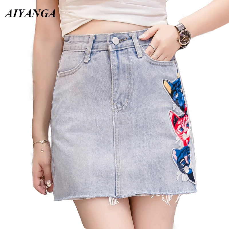 Denim Skirts Womens 2019 Spring Summer Embroidery Cats Mini Lady High Waist Short Style Slim package Hip Skirt Female | Женская одежда