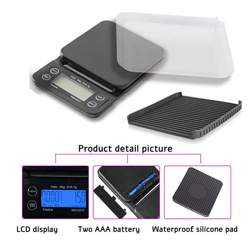 Портативные электронные весы с таймером 3кг/0 1 г LCD Цифровые кухонные кофейные