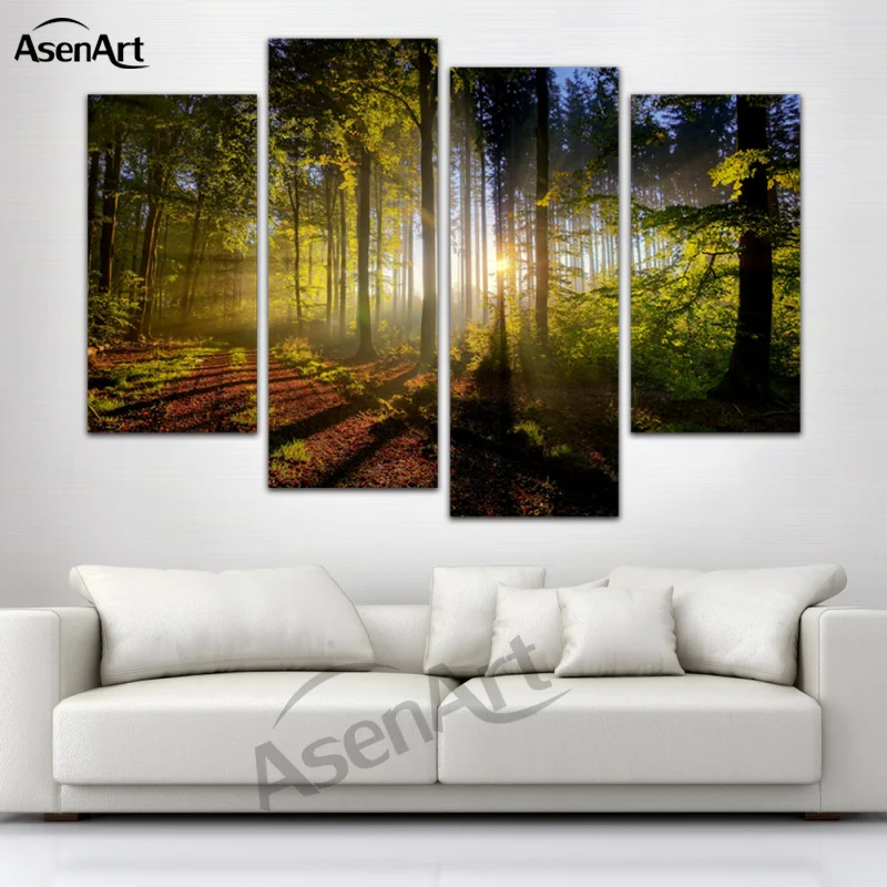 4 панели стены искусства холст печать цветок горы Картина Пейзаж с деревом для