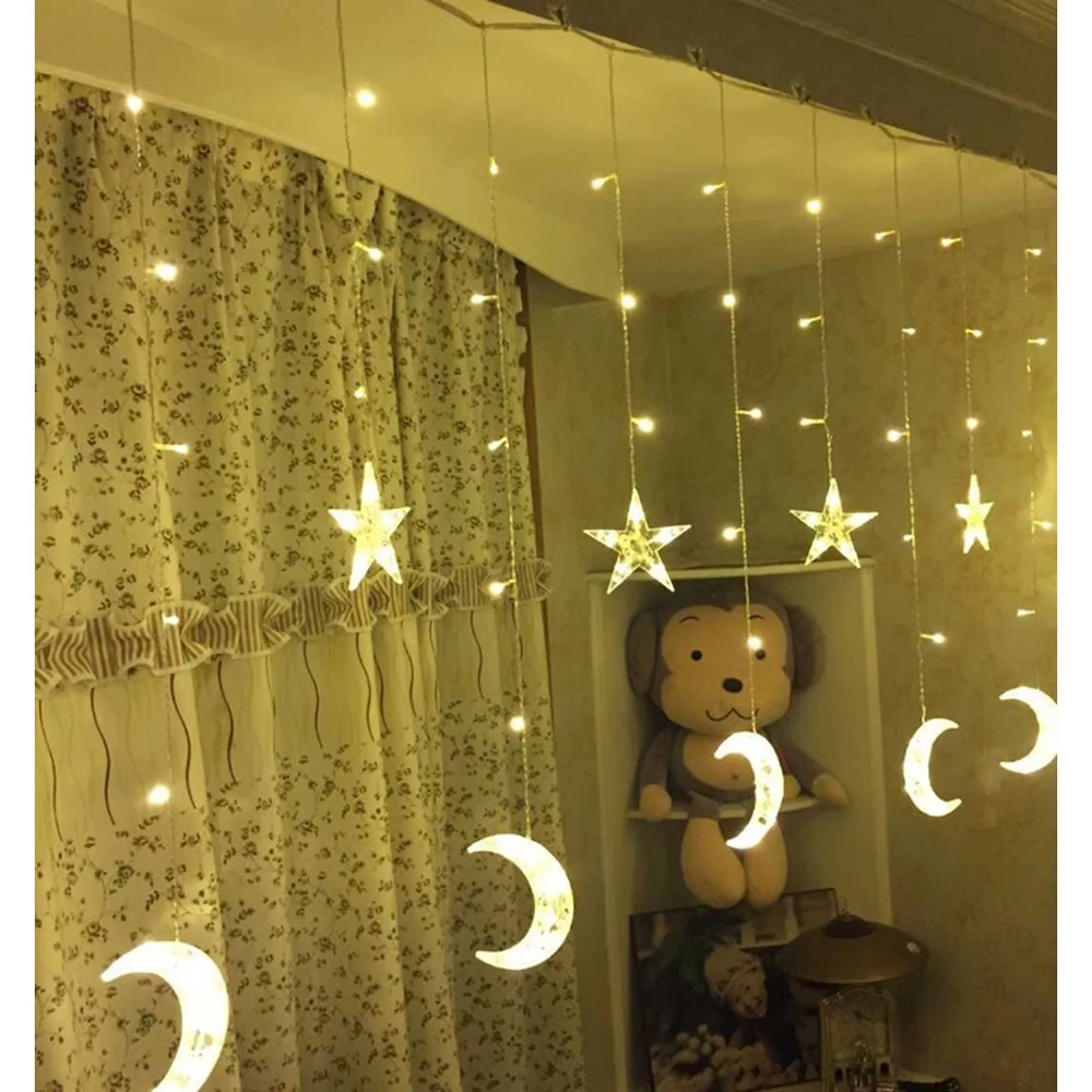 2.5M Moon Star Led Curtain Fairy String Lights 138 Leds Christmas Light For Wedding Home Garden Party Street Tree Decoration