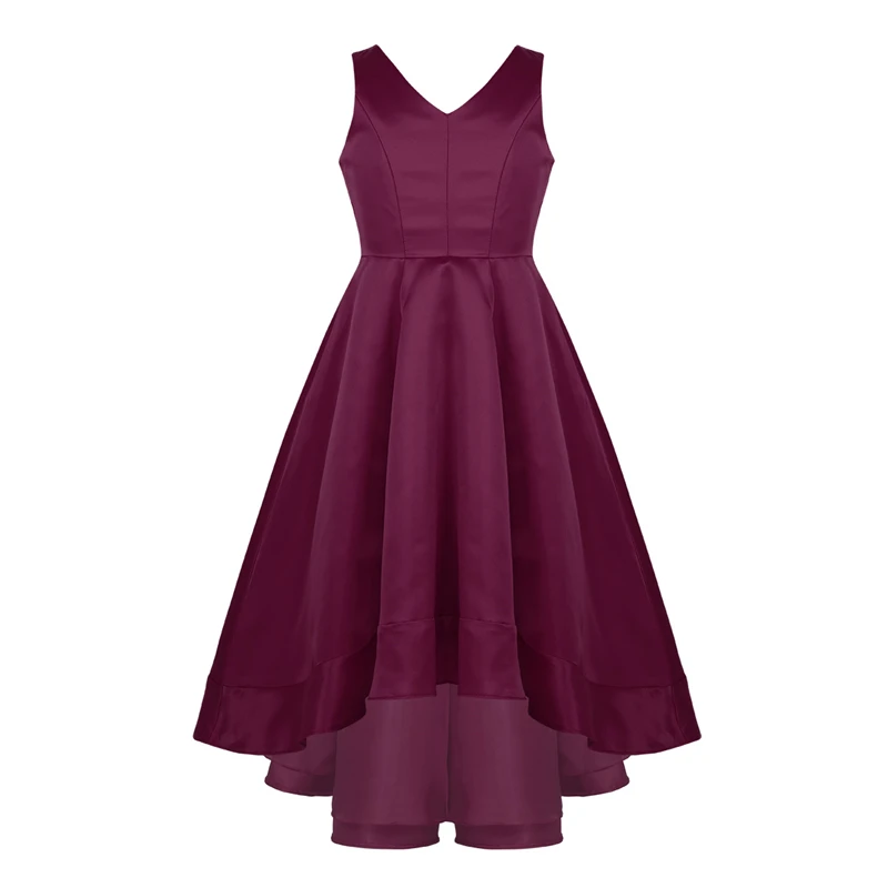 Kids Girls Satin Dress 2019 Summer Sleeveless V Neckline High-Low Hem Flower Girl Elegant Princess Birthday Party Dresses | Детская