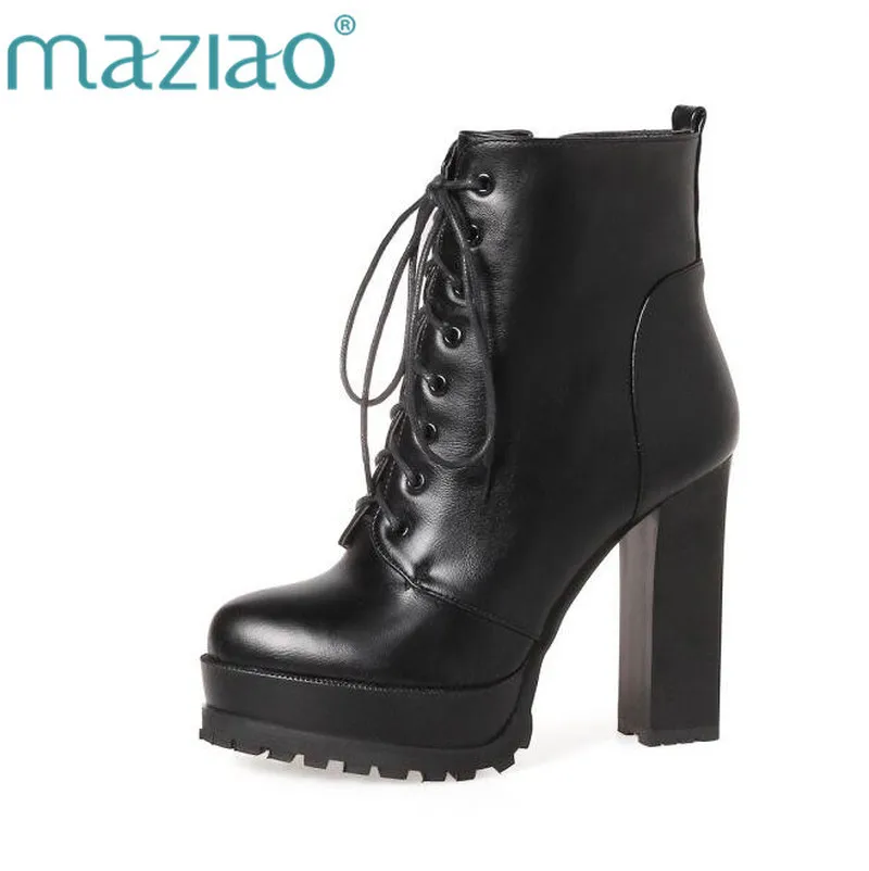 

MAZIAO 2019 Women Ankle Boots Square High Heel Lace Up Roued Toe Women Platform Black Ladies Motorcycle Boots Size 33-43