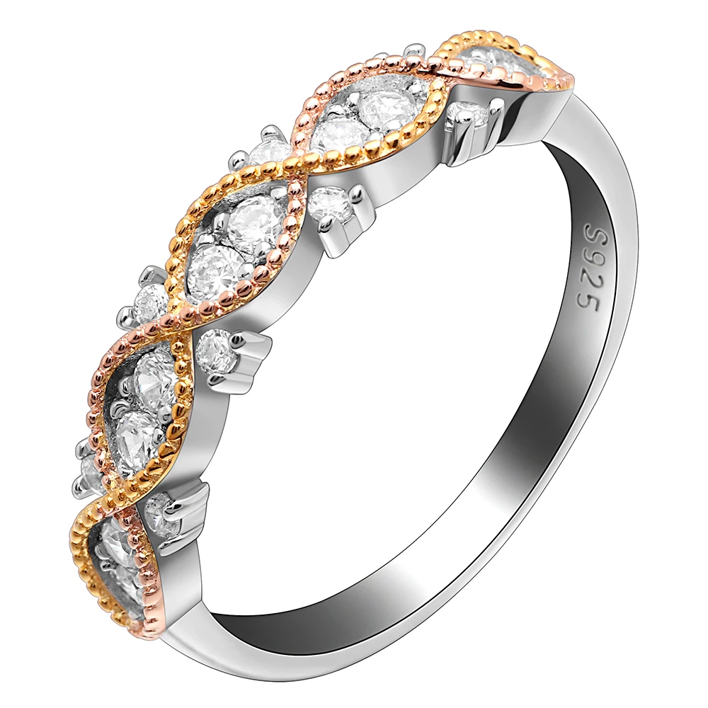 

S925 Sterling Silver Female Ring Fahion White Zircon Gold And Rose Gold Line Wrapped Elegant Jewelry Gift For Women