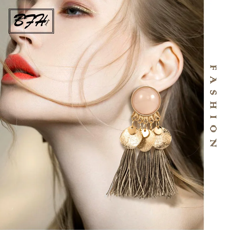 BFH Fashion Ethnic Woman Dangle Drop Earrings Round Resin Tassel for Women Bohemia Summer Jewelry Pendientes oorbellen | Украшения и