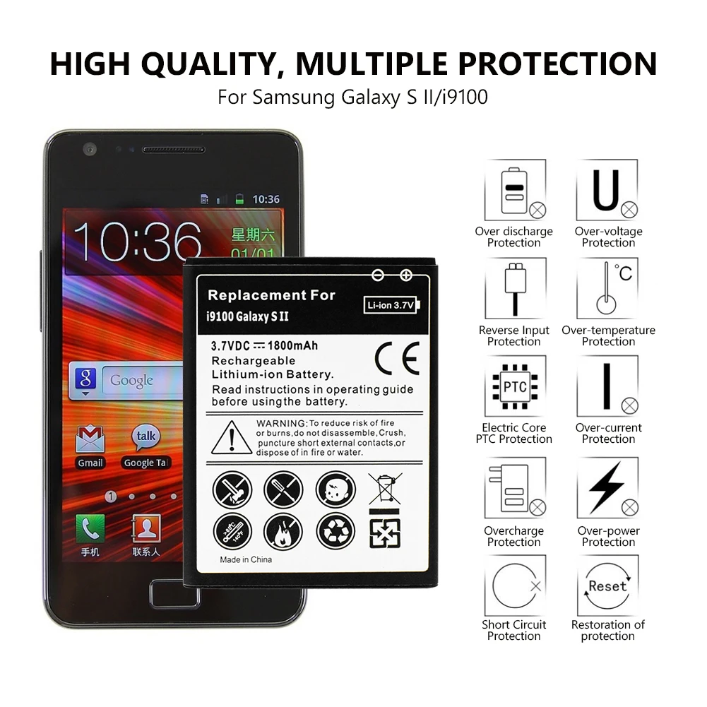 YCDC батарея мобильного телефона для samsung Galaxy S2 SII i9100 GT-i9100 батарея телефона Замена 1800mAh перезаряжаемые Lipo батареи