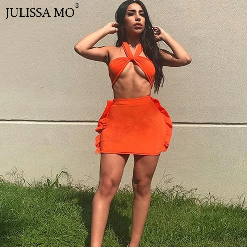 Женское неоновое мини-платье JULISSA MO с лямкой на шее и открытой спиной комплект из