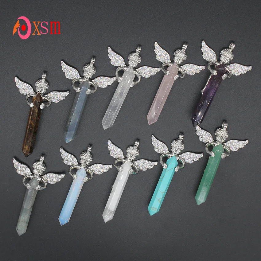 

xinshangmie Silver Plated Angel Wings Rhinestone Inlaid Natural Quartzs Hexagon Prism Rock Crystal Amulet Pendant Charms Jewelry