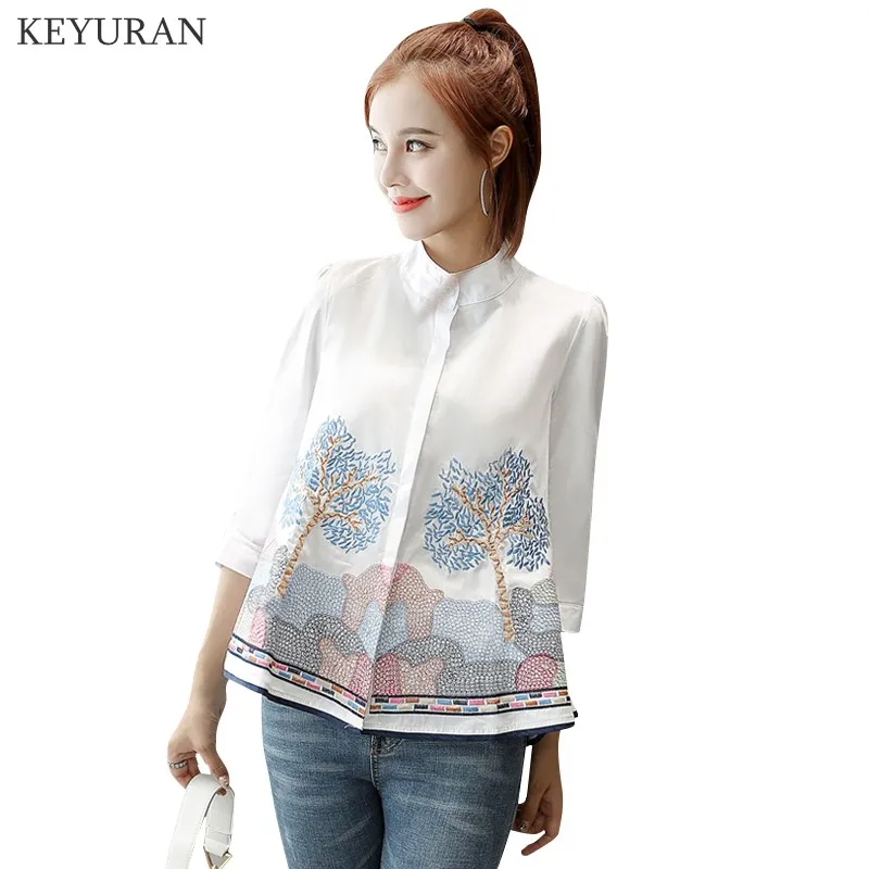 

Women A-line Babydoll Cotton White Blouses Girls Sweet Cartoon Tree Embroidery Half Sleeve Quality Plus size Shirts Regular Tops