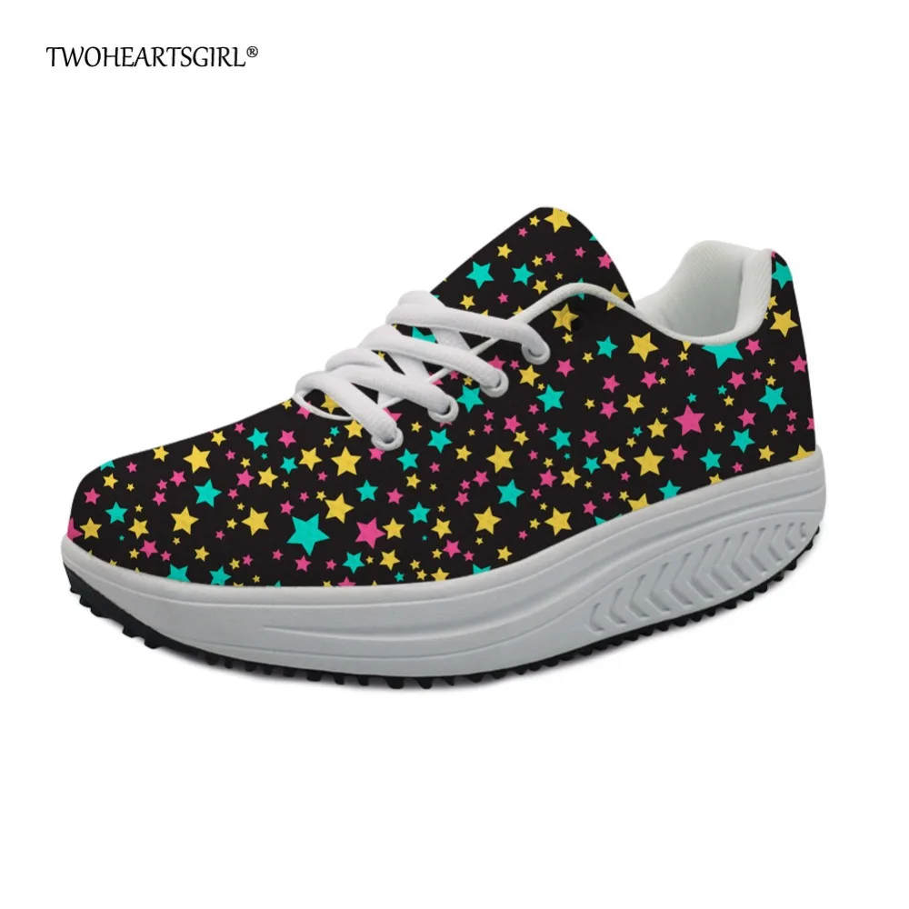 

Twoheartsgirl Pretty Lace-up Star Pattern Women Sneakers Breathable Wedge Swing Shoes for Women Simple Platform Slimming Shoes