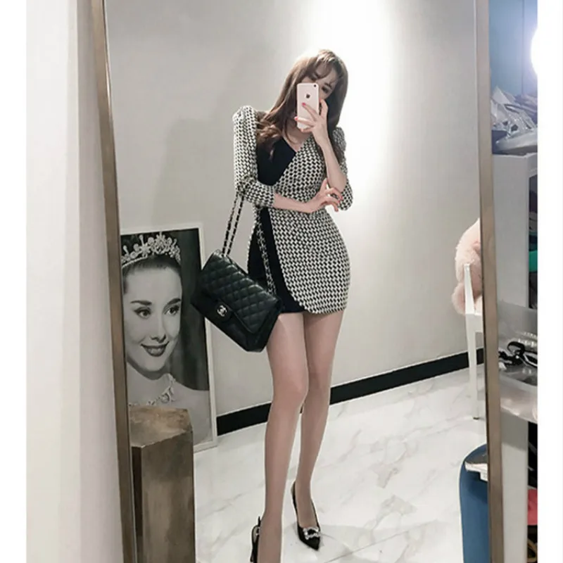 

2018 Plus Size Pencil Dress Women Autumn Black Plaid Long Sleeve V-neck Korean Casual Mini Dress Office Lady Dresses Vestidos
