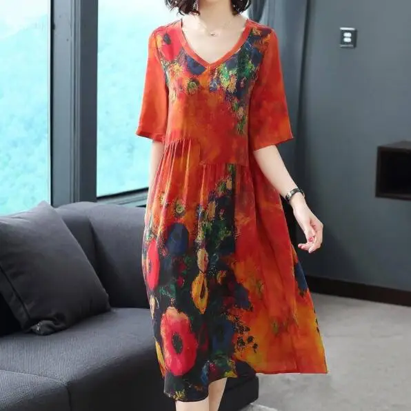 Большие размеры женские платья одежда из натурального шелка свободные с принтом