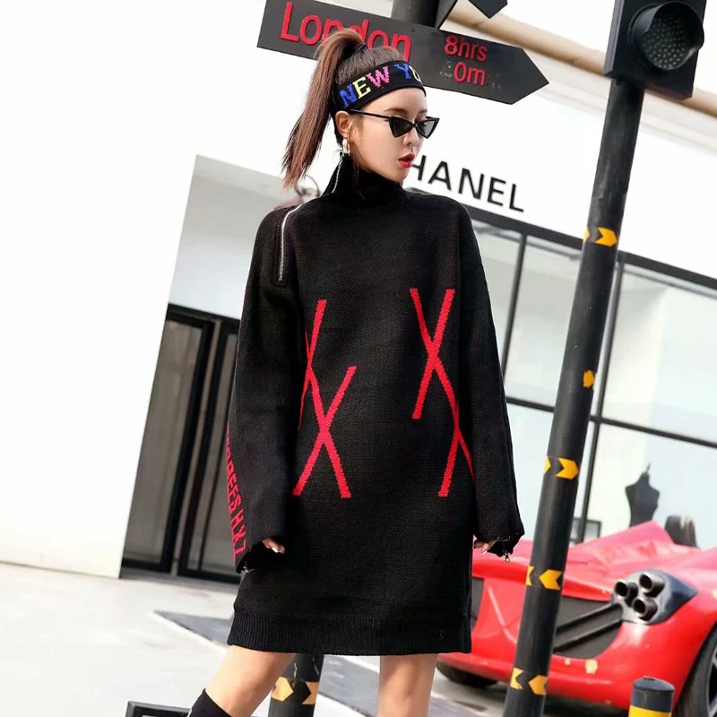Tide brand 2018 autumn and winter new personality high collar handsome knit letter zipper color matching long sweater women | Женская