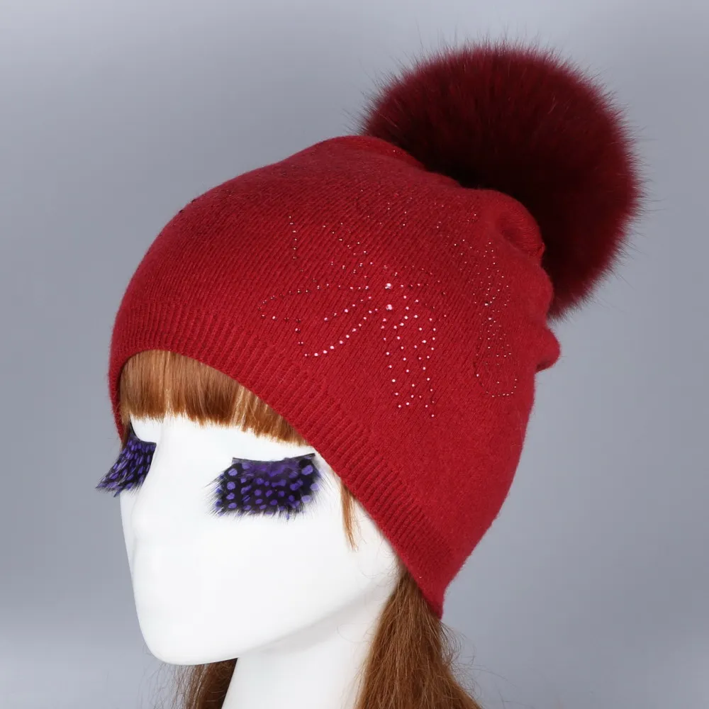 Оптовая продажа женская модная шерстяная зимняя шапка с помпоном из лисы и норки