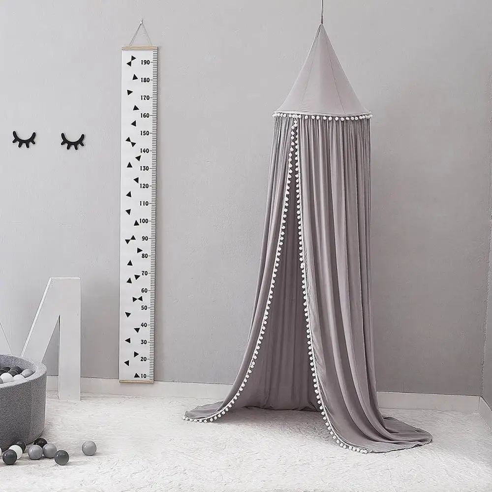 Pompons Canopy Grey Детская кроватка детская кровать помпоны навес, Круглый купол висячий балдахин детская игровая палатка москитная сетка занавеска декор комнаты белый серый розовый - Цвет: Pompons Canopy Grey