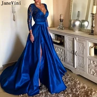 janevini elegant lace royal blue long sleeve prom dresses sexy deep v neck high split illusion a line satin gown vestidos largos