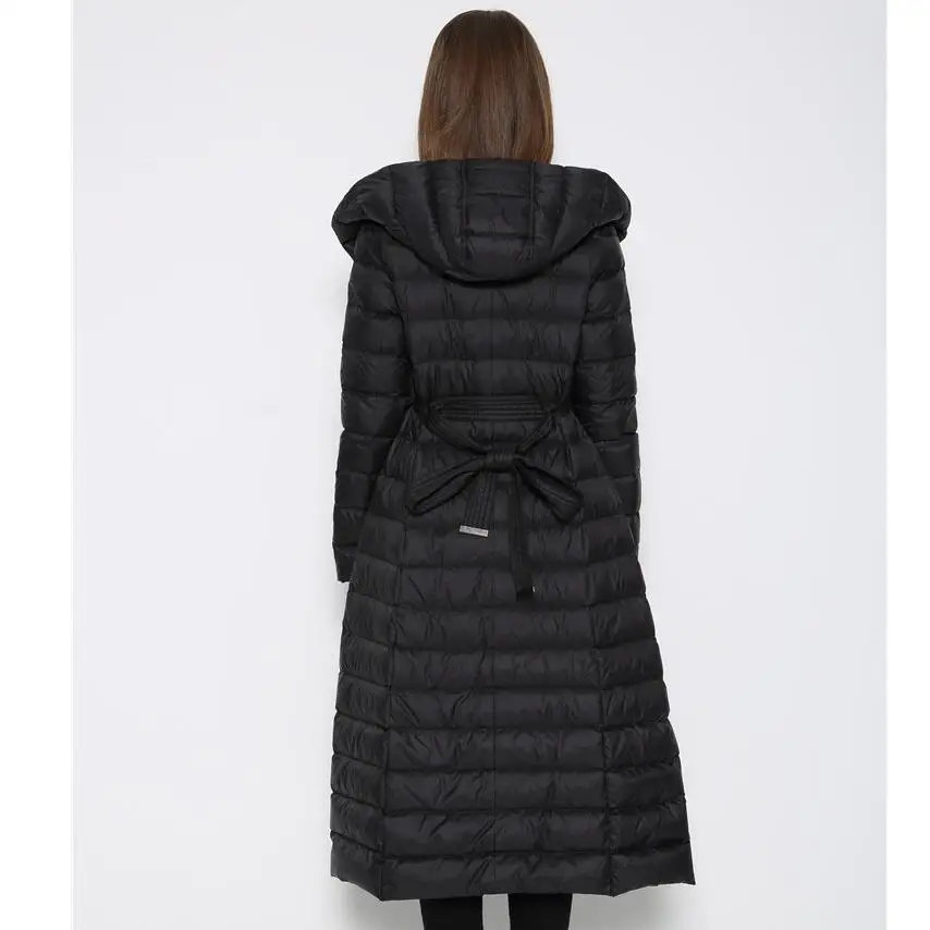 

Duck Down Jacket Women Double-breasted Padded Coat Longer Plus Size Thin Slim Down Female Hooded Over Knee Jacket Down JacketXXL