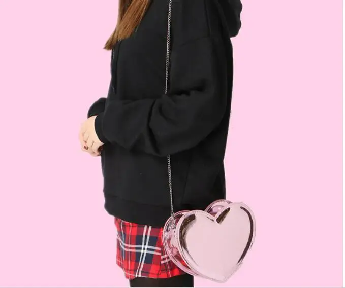 Kawaii Lolita Голограмма лазерная вышивка сердце любовь металлическая цепочка через