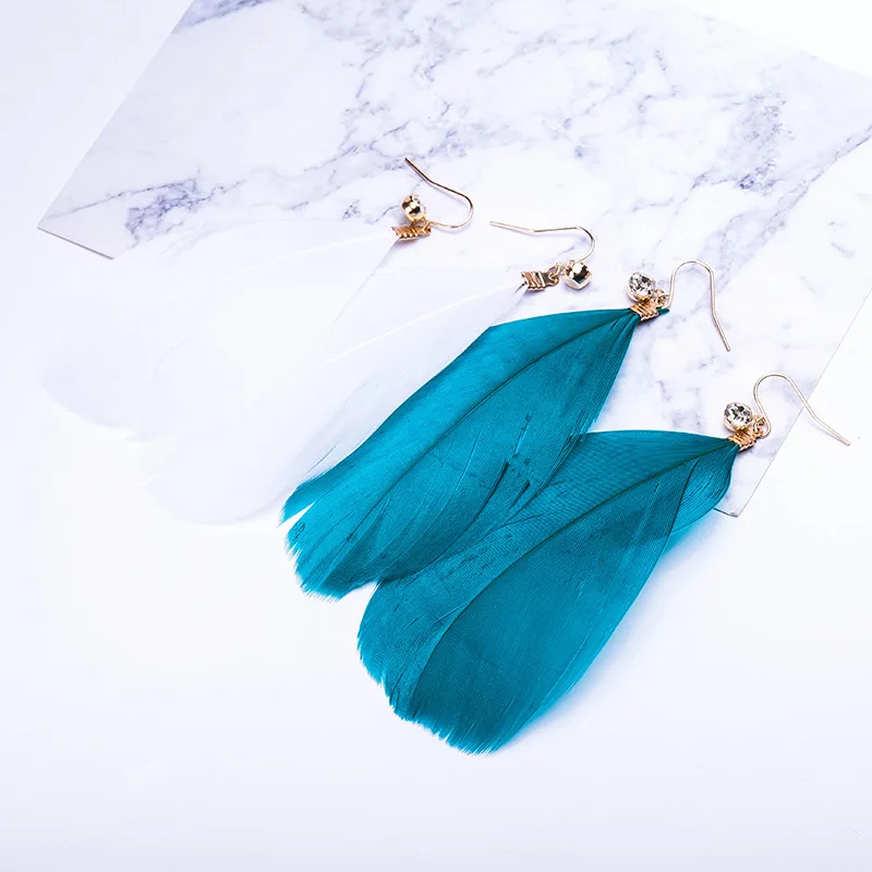 Серьги с кристаллом золото Цвет больших птичьих перьев висячие серьги длинной