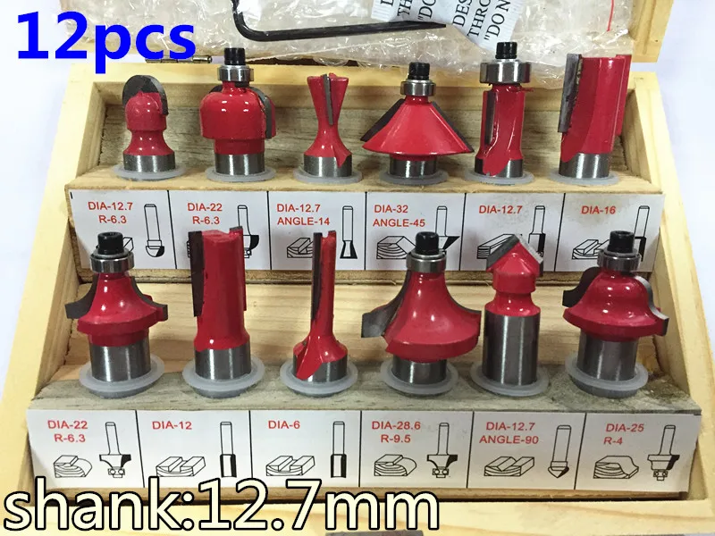 

12PCS 1/2"(12.7mm) Shank Tungsten Carbide Router Bit Set Wood Woodworking Cutter Trimming Knife Forming Milling