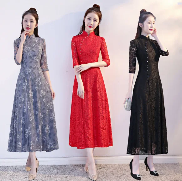 Sexy Lace Vietnam Aodai Three Quarter Sleeve improved cheongsam Long Vintage Mandarin Collar Qipao Plus Size M-4XL | Тематическая