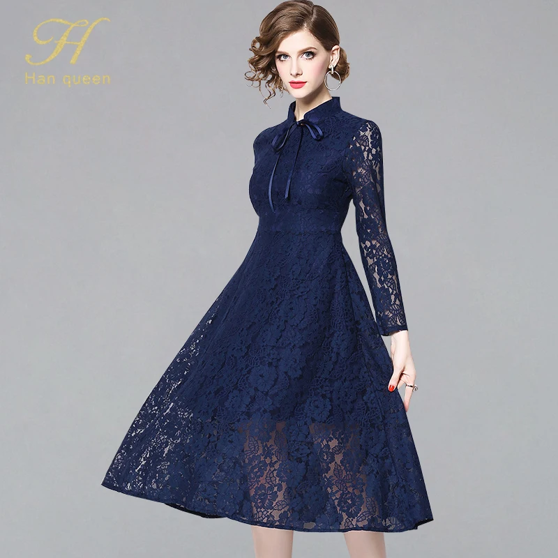 blue H Han queen, женское повседневное кружевное платье трапециевидной формы, новинка, весеннее, с бантом, голубое, черное, модное, с вырезом, элегантное, для женщин, для вечеринок - Цвет: blue