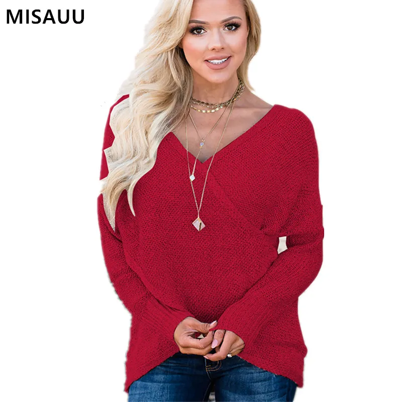 

MISAUU Sexy V-neck Cross Front Top Christmas Sweater Women Vintage Knitted Casual Jumper Female Autumn Winter Pullover Plus Size