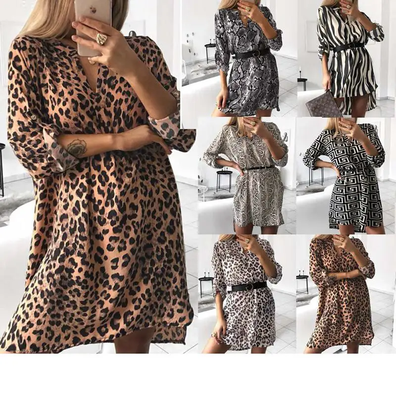 

Leopard Print Dress Women V-Neck Short Party Dresses Long Sleeve Spring Summer Dress Casual Plus Size Sundress Beachwear 2019