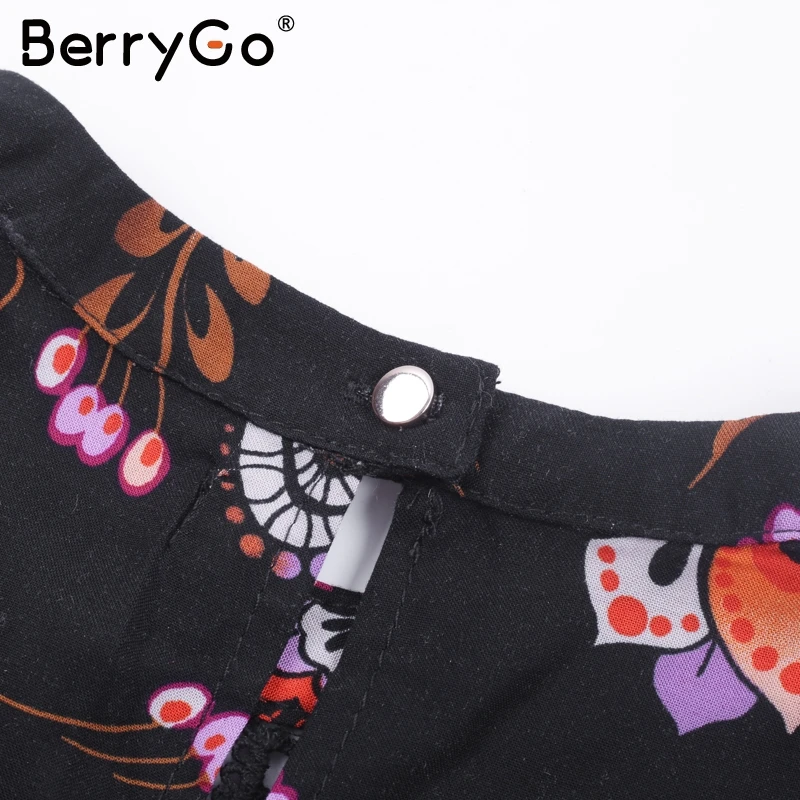 BerryGo осеннее платье с цветочным принтом женское расклешенным рукавом на пуговице