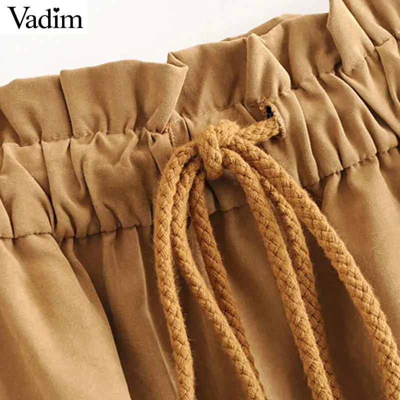 Vadim women retro brown mid calf skirt faldas mujer elastic waist drawstring tie pockets pleated female casual midi skirts BA488 | Женская
