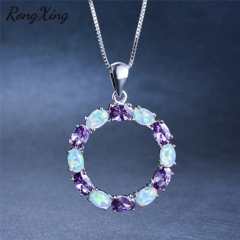 RongXing белый/синий/фиолетовый Огненный Опал Круглый кулон ожерелье s для женщин 925 серебро колье с камнем рождения обручение ювелирные изделия