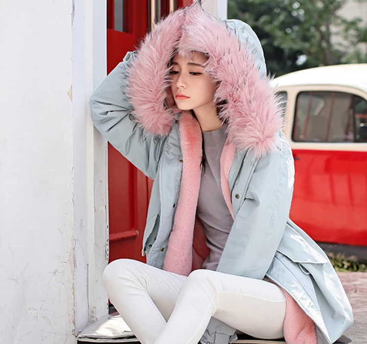 2018 Jacket Winter Oversize Long Hooded Fur Collar Coat Women Plus Thick Hood Warm Army Green Pink Coats | Женская одежда