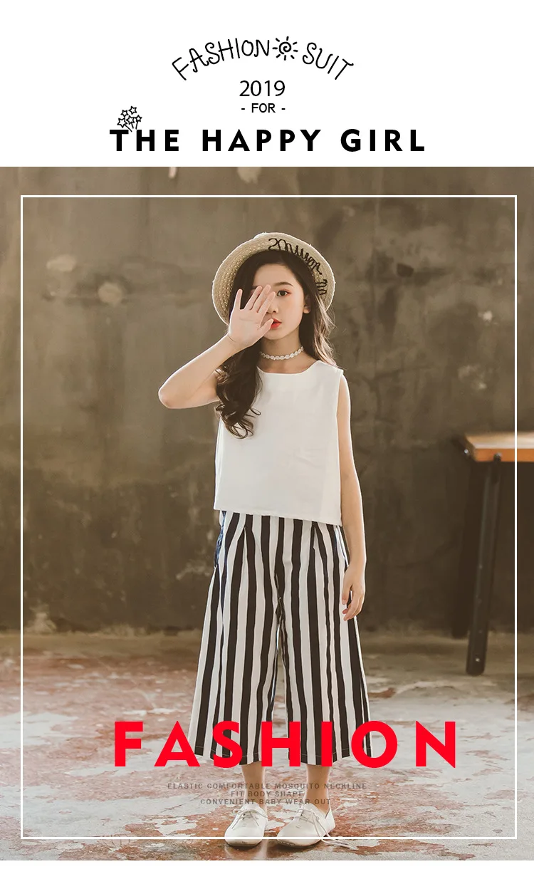 

2019 Straps Cotton Two piece/set Broad-legged pants Summer Child Girl Kids Clothse Pants and T-shirt toddler girl clothes