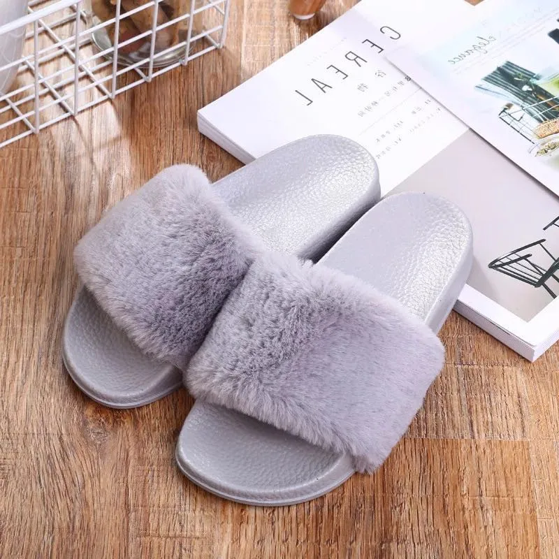 Тапочки женские zapatos mujer слипоны ползунки пушистого искусственного меха плоской