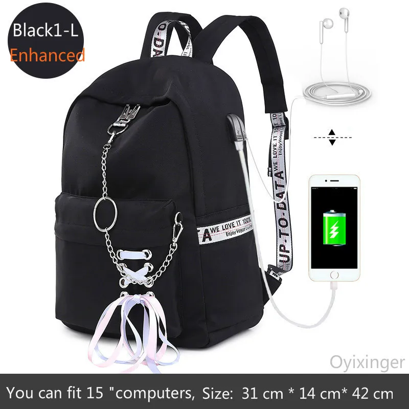 Black1-L Модная школьная сумка для девочек, Женский школьный рюкзак для ноутбука, детские школьные сумки для девочек-подростков, женские серые рюкзаки, Mochila Escolar - Цвет: Black1-L