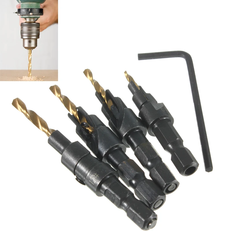 4Pcs 6# 8# 10# 12# Tool HSS Countersink Drill Bit Cone Set Quick Change Wood Hex Shank Screw Carpentry Woodworking Tools | Инструменты