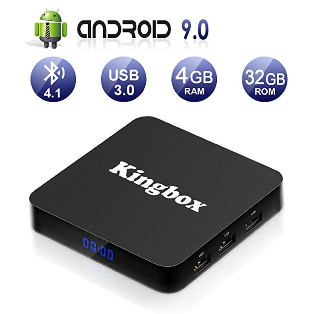 Kingbox Android9.0 ТВ коробка, K4 S Android 9,0 коробка с оперативной памятью 4 ГБ Оперативная память 32 GB Встроенная память Quad-Core Поддержка BT 4,1/Wi-Fi/4 K/3D/H.265 Смарт ТВ коробка