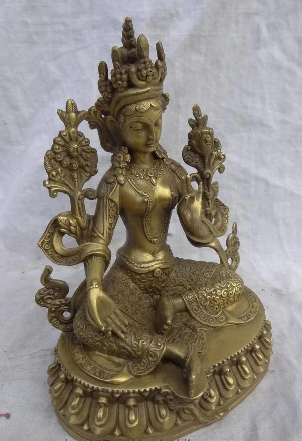 00242 8&quot Tibet Pure Bronze Buddhist Lotus Protect Green Tara Goddess Buddha Statue (A0414) | Дом и сад