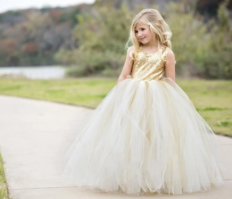 Puffy Flower Girls Dresses Ivory Champagne tulle bling Gold Sequins Top keyhole back baby Ball Gown long tutu dress for wedding | Детская