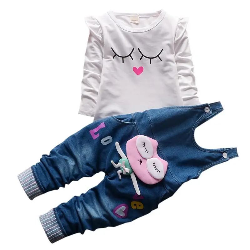 Fashion Autumn Infant Kids Clothes Girls Denim Bib Sets Long Sleeve Overalls Suits Outfits Tops+Bib Pants | Детская одежда и обувь