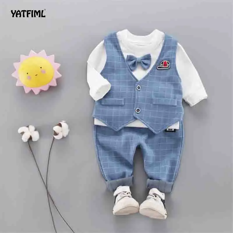 YATFIML/ весенне-осенний Детский костюм в британском стиле для мальчиков Детский жилет с длинными рукавами в джентльменском стиле комплект из 3 предметов для мальчиков в строгом стиле - Цвет: BLUE